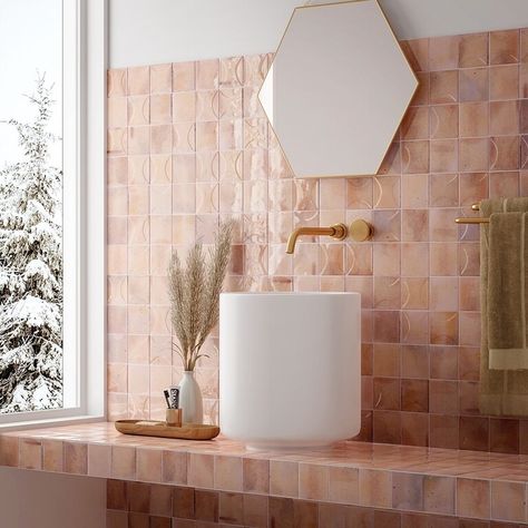 Lifestyle - Equipe - Hanoi Pink 100x100 Pink Ceramic Tile, Tile Edge, Pink Tiles, Zellige Tile, Tile Stores, Pink Ceramic, Pink Bathroom, Square Tile, Ceramic Wall Tiles