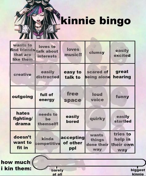 Kinnie bingo card belongs to @strawberrymilkxoxo Ibuki Kinnie Bingo, Ibuki Kinnie, Danganronpa Kinnie Bingo, Kinnie Check, Kin Bingo, Character Bingo, Danganronpa Ibuki, Things To Edit, Kinnie List