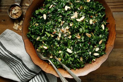 Lemon-Garlic Kale Salad Recipe Garlic Kale, Kale Salad Recipes, Best Thanksgiving Recipes, Nyt Cooking, Kale Salad, Sliced Almonds, How To Make Salad, How To Squeeze Lemons, Green Salad