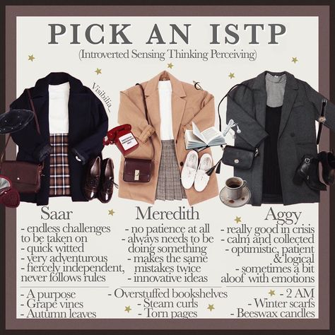 𝐌𝐚𝐡𝐚𝐥𝐢𝐚 🌼 on Instagram: “16 𝙥𝙚𝙧𝙨𝙤𝙣𝙖𝙡𝙞𝙩𝙞𝙚𝙨: ISTP Are you an ISTP? Which girl would you pick? • I’m Saar and Meredith! • Finally!!!! The last one of this series! What…” Mbti Outfits Personality Types, Istp Aesthetic Moodboard, Istp Mbti Outfit, Which Girl Are You Aesthetic, Istp Aesthetic Style, Istp Aesthetic Outfit, Istp Vibes Aesthetic, Istp Personality Aesthetic, Istp Girl