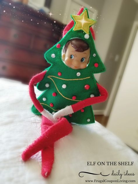 Are you following all of Frugal Coupon Living’s Elf on the Shelf Ideas? See well over 100s of creative, funny, and original ideas for your Elf! Isn't Elf cute in this Christmas Tree Elf Costume?! #elfontheshelf #elf #elfcostume #elfdoll #costume #elfontheshelfideas #elfideas Funny Christmas Costumes, Elf Shenanigans, Elf Shelf, Funny Christmas Tree, Elf Decorations, Awesome Elf On The Shelf Ideas, Elf Activities, Xmas Elf, Christmas Elves