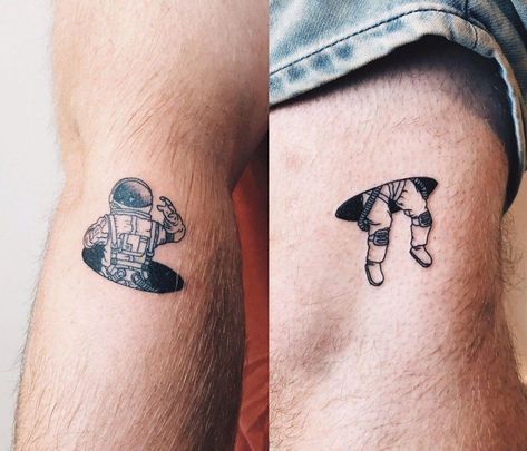 Astronaut Black Hole Tattoo, Funny Space Tattoo, Matching Tattoos Men, Matching Space Tattoos, Matching Alien Tattoos, Small Space Tattoos, Asteroid Tattoo, Matching Tattoos For Guys, Black Hole Tattoo