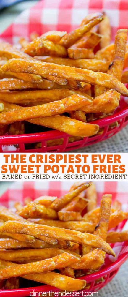 Crispy Sweet Potato Fries that are perfectly crispy and still fluffy in the middle with both fried and oven baked directions with a single magic ingredient to keep them crispy! #fries #frenchfries #sweetpotato #summer #bbq #comfortfood #baked #bakedfries #kidfriendly #dinnerthendessert #sides Crispy Sweet Potato Fries Baked, Potato Fries Baked, Making Sweet Potato Fries, Sweet Potato Recipes Fries, Crispy Sweet Potato Fries, Dinner Then Dessert, Crispy Fries, Sweet Potato Fries Baked, Crispy Sweet Potato