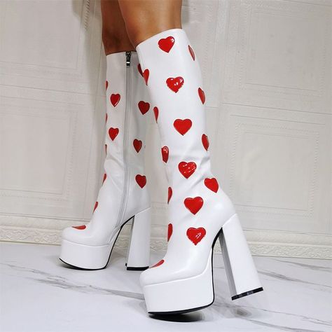 White Boots Hearts, Gold Heart Boots, Fabulous Aesthetic, Platform Boots Hearts, Black And Pink Heart Boots, Heart Boots, White Knee High Boots, Plus Size Boots, Chunky Heels Casual