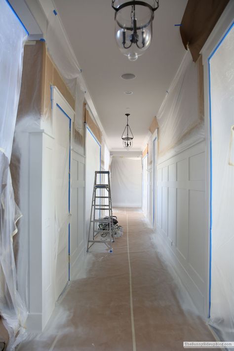 Long Hallway Panelling Ideas, High Wainscoting Hallway, Box Molding Hallway, Long Hallway Panelling, Hallway Moulding Ideas, Hallway Moulding, Hallway Molding Ideas, Short Hallway Ideas, Panelling Styles