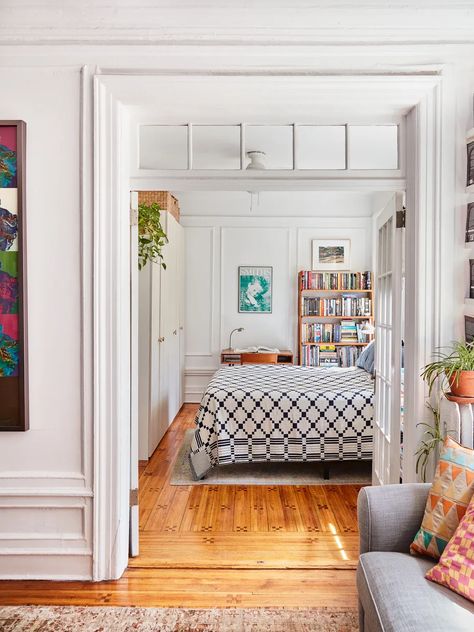 These Bibliophiles Could Have Edited Down Their Books—They Renovated Their Apartment Instead 700 Sq Ft Apartment, 600 Sq Ft Apartment, Guys Bedroom Ideas, Small Room Diy, Dresser Hack, Old Radiators, Ikea Built In, Ikea Malm Dresser, Kitchen Peninsula