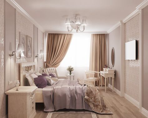 Bedroom in pastel beige and lilac tones Beige White Purple Bedroom, Lilac And Beige Bedroom, Lilac And Gold Bedroom, Beige And Purple Bedroom, Lilac Bedroom Aesthetic, Lavender Bedroom Aesthetic, Pastel Purple Bedroom, White And Purple Bedroom, White And Brown Bedroom