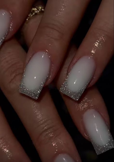 Milky White Nails Silver Glitter, Sparkly White Acrylic Nails, Milky White French Nails, Silver Nail Art Designs, White Acrylic Nails With Glitter, Nye Nails, Silver Nail Art, Lilac Nails, Hello Nails