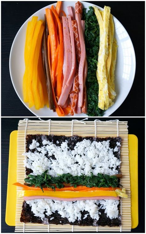 Miss Hangrypants: Easy Kimbap - 김밥 Easy Kimbap, Gimbap Recipe, Sushi Bake Recipe, Resep Sushi, Sushi Recipes Homemade, Sushi Bake, Cibo Asiatico, Korean Cooking, Homemade Sushi