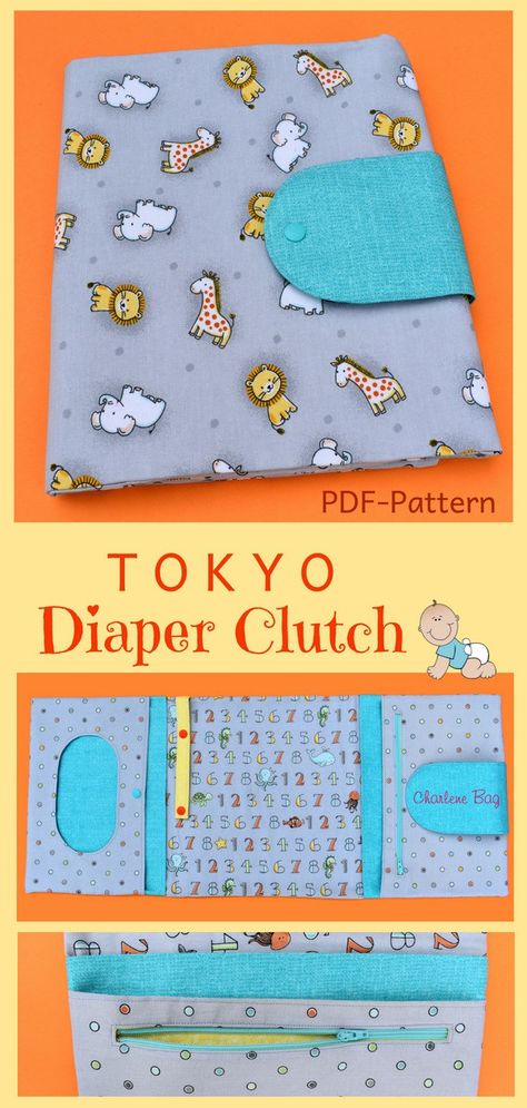 Create your own useful and unique diaper clutch with this easy-to-follow and step-by-step "TOKYO Diaper Clutch" sewing pattern. The "TOKYO Diaper Clutch" stores all necessary baby items and is (when unfolded) even long enough to use it as a changing mat for your little one. It can be a beautiful gift for a baby shower or a "newborn mom", too. Diaper Bag Sewing Pattern, Baby Shoes Diy Pattern, Clutch Sewing, Nappy Wallet, Tote Bag Pattern Free, Baby Shoes Diy, Clutch Pattern, Modern Bag, Shoes Diy