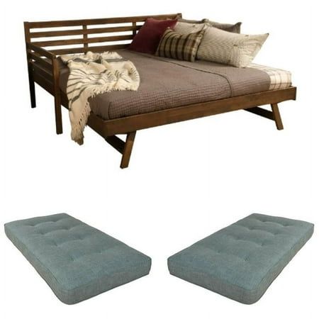 Included Items: Twin-size Tufted Fabric Daybed Mattress in Linen Aqua Blue x 2 Boho Wood Daybed with Pop Up Trundle in Walnut Brown Finish x 1 For quicker processing, your order could be split into separate packages. Boho Wood Daybed with Pop Up Trundle in Walnut Brown Finish The Boho Daybed with Pop Up boasts clean lines and attractive angles. It's available in 3 different finishes that will blend in with any color scheme in your home. The Pop up can be stored under the bed and is easily wheele Boho Daybed, Daybed With Pop Up Trundle, Wooden Daybed With Trundle, Metal Daybed With Trundle, Pop Up Trundle, Full Size Daybed, Wooden Daybed, Trundle Mattress, Sofa Bed Bedroom