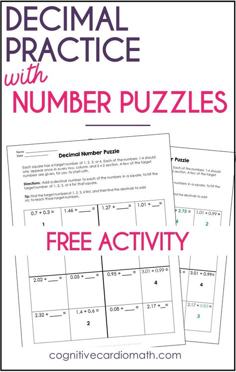 Help your students master decimal operations with logic puzzles. Check out this blog post AND free puzzle. Decimal Operations Activities, Decimal Practice, Teaching Decimals, Math Decimals, Number Puzzle, Decimal Number, Puzzle Ideas, Middle School Math Classroom, Upper Elementary Math