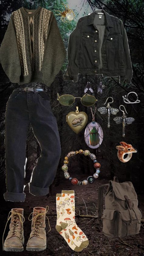 Here’s an androgynous forest witch outfit inspiration Nonbinary Witch Outfit, Nonbinary Casual Outfits, Wanderer Aesthetic Outfits, Geology Aesthetic Outfit, Nosferatu Inspired Outfit, Woodsy Outfit Aesthetic, Earthy Academia Outfits, Cozy Punk Outfits, Mosscore Aesthetic Outfit