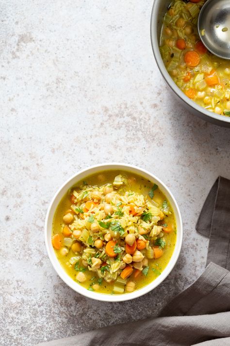 Comforting and Healing Vegan Chickpea Rice Soup with Veggies. A glutenfree variation of Vegan Chicken Noodle Soup. Easy 1 Pot 30 minute meal. Instant Pot option #vegan #veganricha #Glutenfree #Nutfree #Recipe #Soyfreeoption Soup Recipes With Rice, Soup With Veggies, Recipes With Rice, Vegan Chicken Noodle Soup, Chickpea Rice, Double Recipe, Chicken Noodle Soup Easy, Plant Based Soups, Vegan Richa