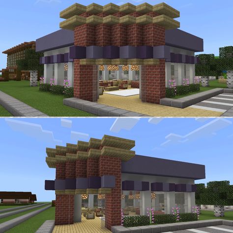 Here’s a relatively simple minecraft cafe! #minecraft #minecraftbuildingideas #minecraftbuild #cafe Cafe Minecraft, Minecraft Barn, Minecraft Modern City, Minecraft Shops, Modern Bakery, Minecraft City Buildings, Minecraft Structures, Minecraft Modern, Easy Minecraft Houses