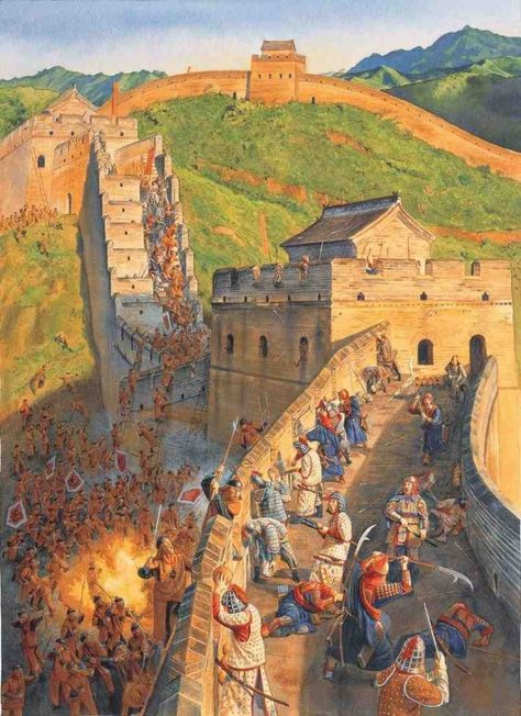 great-wall-battle-illustration Tiffany Color, Chinese Dynasties, Chinese Wall, Historical Warriors, Chinese Warrior, Ancient Warfare, Asian History, History Images, Chinese History