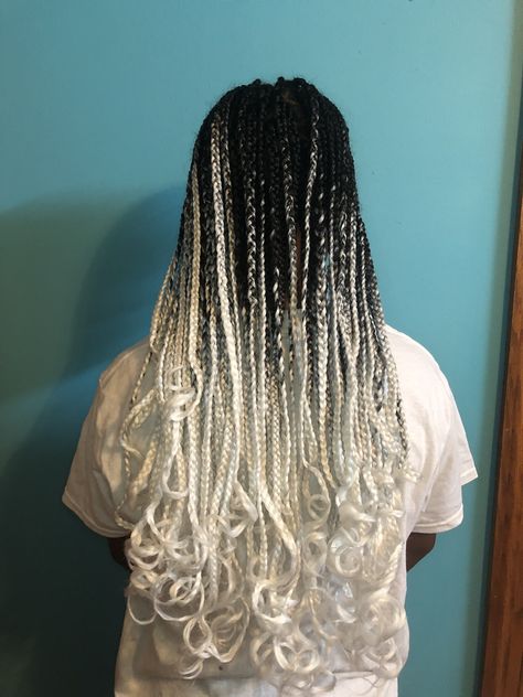 White Curly Braids, Feather Box Braids, Black And White Box Braids Mixed, White And Black Braids Mixed, Black And Platinum Box Braids, Silver And Black Box Braids, Silver Box Braids Black Women, Black And White Goddess Braids, White And Black Box Braids