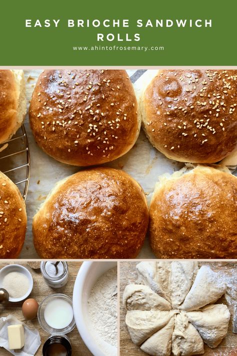 Made from an enriched dough, these Easy Brioche Sandwich Rolls are slightly sweet with a wonderful soft crumb. The perfect burger bun. No special equipment needed. No kneading required. A Hint of Rosemary #ahintofrosemary #sunriseflourmill #burgerbuns #sandwiches #quickandeasy #bread Brioche Sandwich, Sandwich Roll Recipe, Sandwich Rolls, Rolled Sandwiches, Perfect Burger, Burger Bun, Brioche Rolls, School Meals, Frugal Recipes