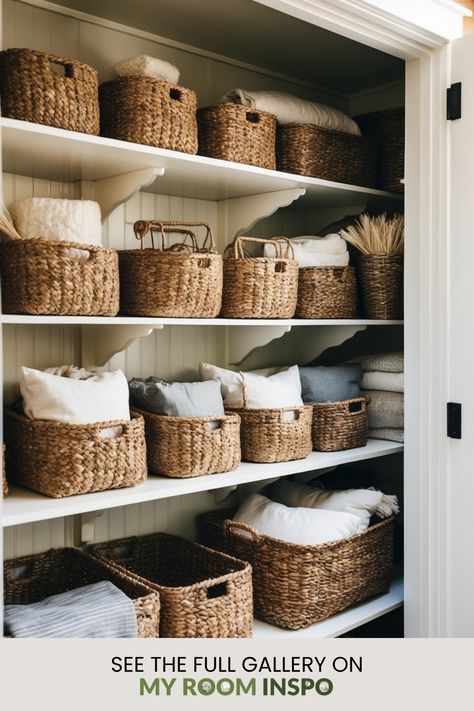 This pin showcases a cozy farmhouse pantry makeover, highlighting creative organizing tips and rustic decor ideas. Perfect for anyone looking to enhance their kitchen storage! Organized Home Aesthetic, Basket Organization Ideas, Pantry Makeover Ideas, Pantry Dream, Farmhouse Pantry Ideas, Organization For Pantry, Rustic Wooden Crates, Functional Pantry, Panty Organization