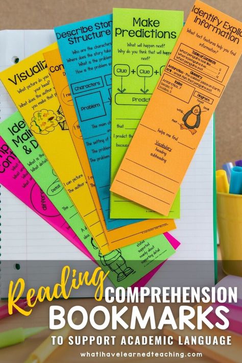 24 reading comprehension bookmarks for both reading skills and reading strategies. These reading comprehension bookmarks will help your students practice all the good reading strategies and skills they’ve learned all year long. Use these reading bookmarks as references or to keep track of how to respond to the text. Each reading bookmark has the name of the strategy, prompts that you might ask students, a sample graphic organizer, sample student responses with sentence frames. Comprehension Bookmarks, Reading Strategy Bookmarks, Elementary Reading Comprehension, Sentence Frames, Reading Bookmarks, Academic Language, Esl Resources, Arts Ideas, Reading Comprehension Skills