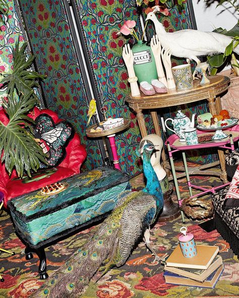 Gucci on Instagram: “Captured inside an historical Roman building by photographer @simon171, #GucciDécor’s  new collection is set amongst animal sculptures and…” #gucci #guccidecor #peacock #bird #maximalism #interiors #interiordesign Chaotic Aesthetic, Chaotic Good, Aesthetic Interior, Maximalist Interior, Monogram Pillows, Maximalist Decor, Animal Sculptures, New Room, Luxury Interior