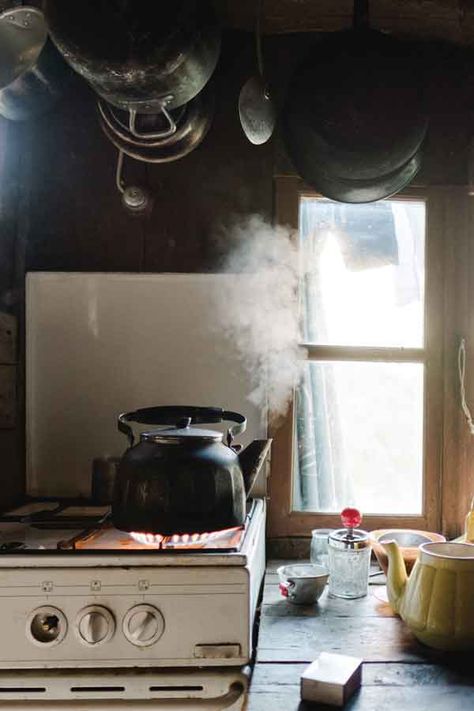 And put up with the rental’s many quirks. Kitchen Reference Images, Old Kettle, Gas Kitchen, Environment Study, Stove Paint, Kettle Kitchen, Modeling Reference, Bay Cottage, Maine Homes