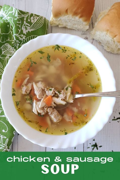 A flavourful chicken and sausage soup combines roast shredded chicken, chicken sausage creating a delicious, comforting soup. #souprecipes #chickensoup #chickensouprecipes #chickenrecipes via @Bakersbeans Chicken And Sausage Soup Recipes, Chicken Sausage Soup Recipes, Chicken And Sausage Soup, Chicken Sausage Soup, Sausage Soup Recipes, Chicken And Sausage, Comforting Soup, Sausage Soup, Comfort Soup