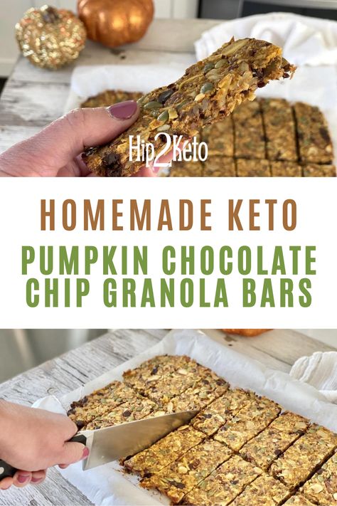 These portable and snackable homemade granola bars are great snacks for school or anytime you need a quick bite. Our pumpkin chocolate chip granola bars are sugar free and keto-friendly. Keto Granola Bar Recipe, Keto Pumpkin Chocolate Chip Bars, Homemade Pumpkin Protein Bars, Pumpkin Protein Bars Gluten Free, Pumpkin Protein Breakfast Bars, Healthy Pumpkin Spice Protein Bars, Keto Granola Bars, Pumpkin Granola Bars, Granola Bar Recipe