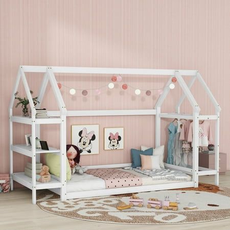 Introducing our charming twin size floor bed with shelves and hanging rod, the perfect addition to any child's bedroom or guest room. Montessori bed featuring a wooden house-shaped roof frame structure to meet the desire of exploring the world, decoration and imagination, and it has two stands for storage, hanging clothes and decoration. This delightful toddler floor bed not only offers a comfortable and cozy sleeping space but also provides ample storage and organization options, making it a pr Queen Bed Toddler Room Girl, Toddler Girl Bedroom Floor Bed, Toddler Bed Girl Ideas, Toddler Bed Floor, Toddler Floor Bed Girl, Toddler Girls Bed, Toddler Floor Bed Ideas, Toddler Room Decor Girl, Floor Bed Ideas