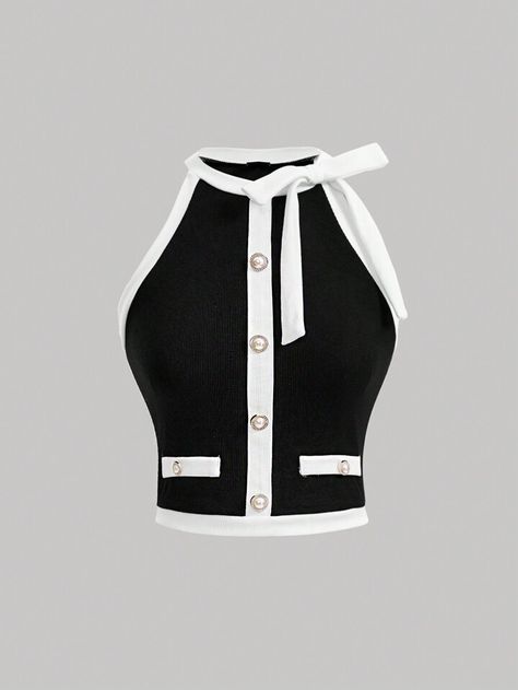 Fitted Black And White Party Tops, Black And White Clothes, White And Black Crop Top, Black And White Tank Top, Fitted Sleeveless Black And White Top, Chanel Combat Boots, Black And White Crop Tops, Fashion Process, Fashion Design Patterns