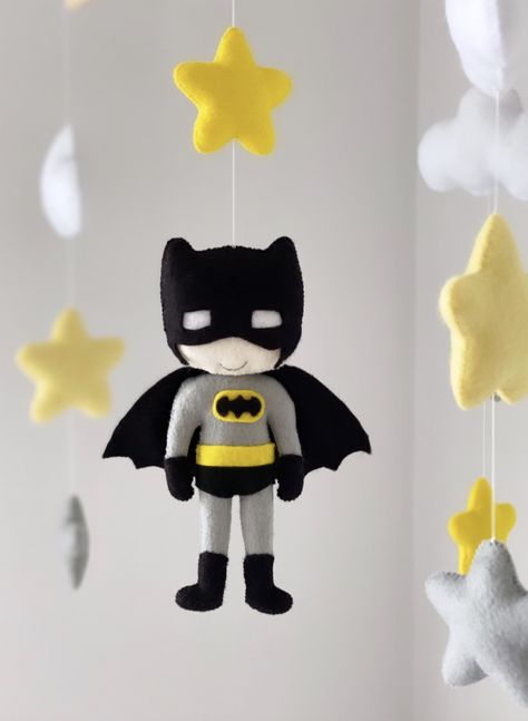 Batman Themed Nursery, Batman Nursery Baby Boy, Baby Boy Nursery Room Design, Batman Nursery, Batman Baby, Superhero Nursery, Boy Mobile, Baby Batman, Baby Superhero