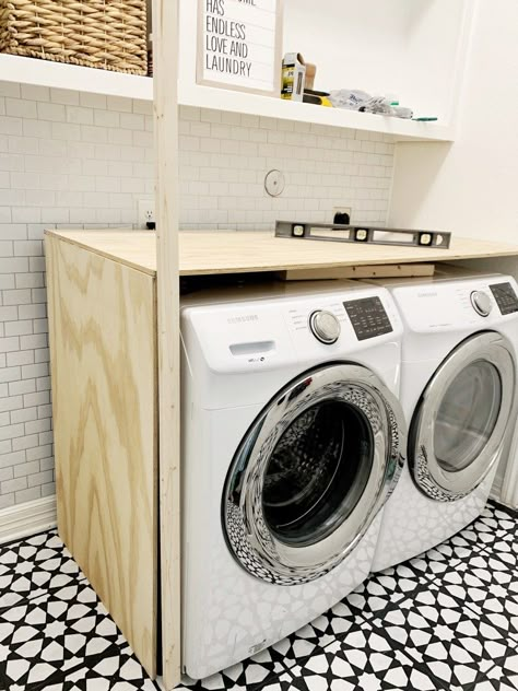 Washer And Dryer Enclosure Diy, Dark Blue Washer And Dryer Laundry Room, Wood Counter Over Washer And Dryer, Plywood Laundry Countertop, Waterfall Laundry Countertop, Diy Built In Washer And Dryer, Butcher Block On Top Of Washer And Dryer, Butcher Block Washer And Dryer, Removable Laundry Countertop