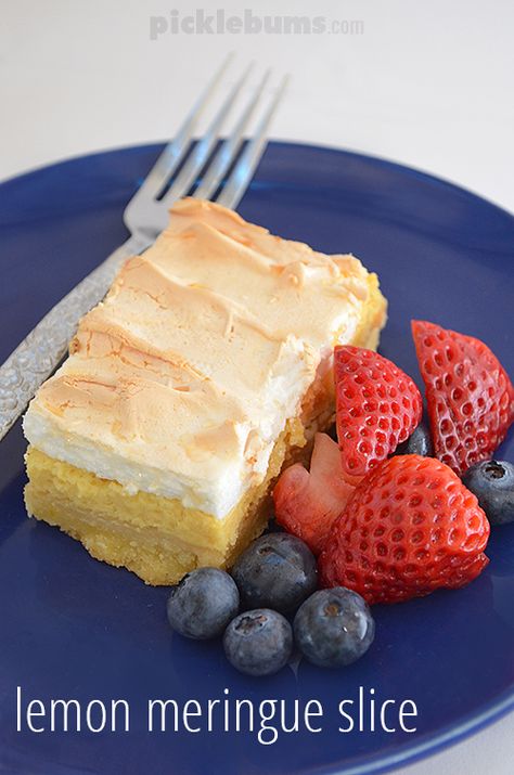 Lemon Meringue Slice - Picklebums Slice Recipe, Donut Dessert, Tart Dessert, Lemon Dessert Recipes, Slices Recipes, Lemon Meringue, Baking Accessories, Lemon Recipes, Sweet Tarts