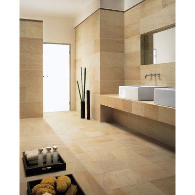 Lea Ceramiche Tecnoquartz 12" x 24" Porcelain Tile in Doral Bathroom Sandstone, Sandstone Bathroom, Copper Tapware, Travertine Bathroom, Sink Counter, Warm Bathroom, Small Bathroom Tiles, Sandstone Tiles, Modern Bathroom Tile