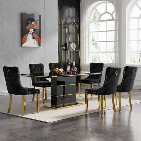 Amazon.com - 7 Piece Black Dining Table Set, Modern Kitchen Table and Chairs Set for 6, 63" High Glossy Rectangle Wood Dining Table with 6 Black Velvet Upholstered Dining Chairs,Gold Dining Room Table Set for 6 - Table & Chair Sets Modern Kitchen Table And Chairs, Gold Dining Room Table, Rectangle Wood Dining Table, Dining Chairs Gold, Black Dining Table Set, Modern Kitchen Table, Kitchen Table And Chairs, Gold Dining Room, Black Dining Table