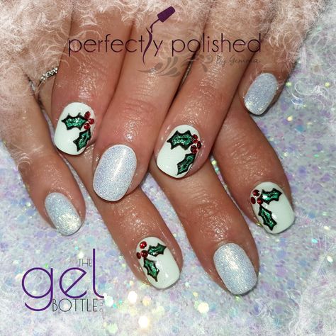 White sparkly holly nail design using the gel bottle daisy, bittersweet and snow queen White Nails With Holly Berries, Holly Nail Art, Holly Nails, The Gel Bottle, Nails Design With Rhinestones, Nails White, Holly Berries, Snow Queen, Accent Nails