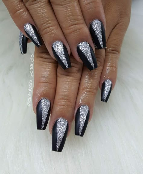 Black And Silver Nails Acrylic, Silver Nails Acrylic, Black And Silver Nails, Black Silver Nails, Silver Acrylic Nails, Prom Nails Red, Prom Nails Silver, Nye Nails, Silver Nail Designs