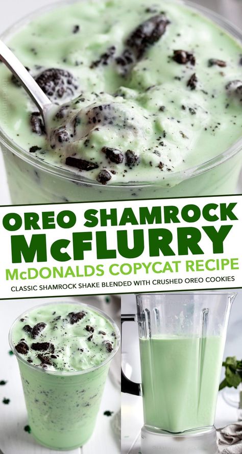 This Copycat Oreo Shamrock McFlurry is the homemade version of the McDonald's new St. Patrick's Day frozen treat.  Made with simple ingredients, you can have this minty treat in about 5 minutes... any time you want! #milkshake #mint #oreo #mcflurry #mcdonalds #icecream #copycat #easyrecipe #dessert #stpatricksday #stpattysday #irish Oreo Mcflurry, St Patricks Food, Oreo Milkshake, Mint Oreo, St Patricks Day Food, Milkshake Recipes, Frozen Treat, Shake Recipes, Easy Baking Recipes