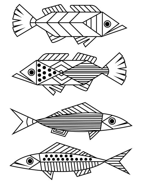 Abstract Fish Illustration, Fish Template Printable, Fish Template Printable Free Pattern, Decorate Fence, Fish Design Drawing, Illustrated Fish, Fish Line Art, Geometric Fish, Fish Stencil