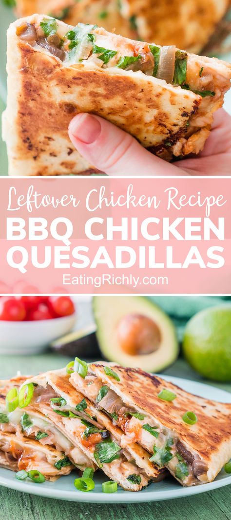 A hand holding a quesadilla wedge and a plate of BBQ chicken quesadillas Leftover Chicken Wings, Leftover Bbq Chicken Recipes, Bbq Chicken Quesadilla, Peas Recipes, Bbq Chicken Thighs, Shredded Bbq Chicken, Chicken Quesadilla Recipe, Pulled Pork Leftovers, Quesadilla Recipe