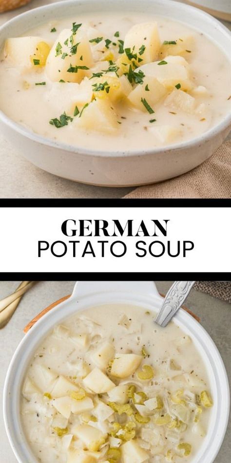 German Potato Soup Thick, creamy and oh so good! This easy soup recipe is packed full of tender potatoes, onions, celery and savory. German Potato Soup, Cream Based Soups, Bean And Vegetable Soup, Easy Soup Recipe, Simply Stacie, Potato Soup Easy, Potato Noodles, German Potato, Leftovers Soup