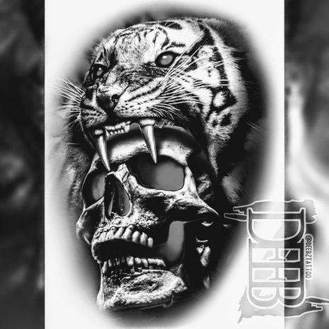 Tiger Skull Tattoo, Sketch Realism, Big Cat Tattoo, Tiger Skull, Skull Sketch, Half Skull, Leg Sleeve Tattoo, Skull Tattoo Design, Wood Burning Art