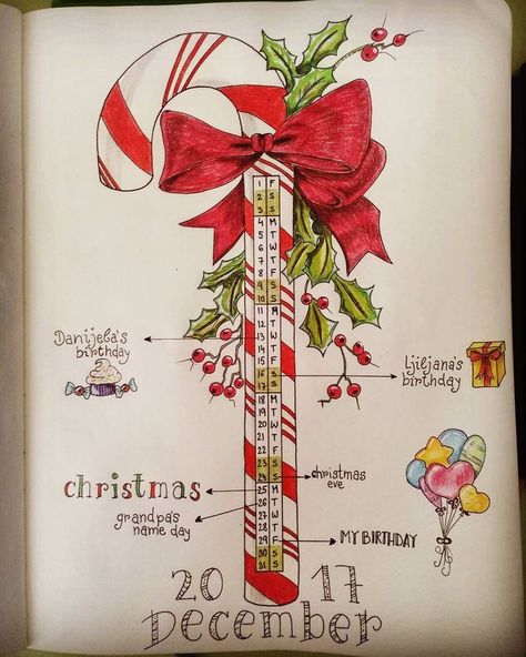 December monthly calendar. Lots of birthdays this month :-) #december #monthlyspread #decembermonthlyspread #christmasiscoming #candycane #birthdaysmonth #decemberdoodles #birthdaydoodles #lovedrawing #artsy #doodles #doodleart #drawings #doodling Artsy Doodles, Christmas Bujo, Bullet Journal Calendrier, Journal December, Bullet Journal Christmas, Free Monthly Calendar, Calendar December, December Bullet Journal, Bullet Journal 2020