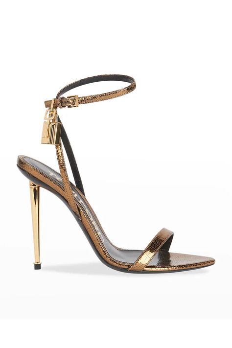 X539F TOM FORD 105mm Metallic Lizard-Print Lock High-Heel Sandals Sandle Heels, Tom Ford Heels, Mode Rihanna, Tom Ford Shoes, Lizard Print, Heels Classy, Leather Heels Sandals, Stiletto Sandals, Carrie Bradshaw