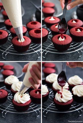 Bloody Red Velvet Cupcakes. Fun and tasty Halloween treat. Halloween Torte, Halloween Food Cupcakes, Cupcakes Red Velvet, Dessert Halloween, Raspberry Coulis, Fall Cupcakes, Cupcakes With Cream Cheese Frosting, Velvet Cupcakes, Red Velvet Cupcakes