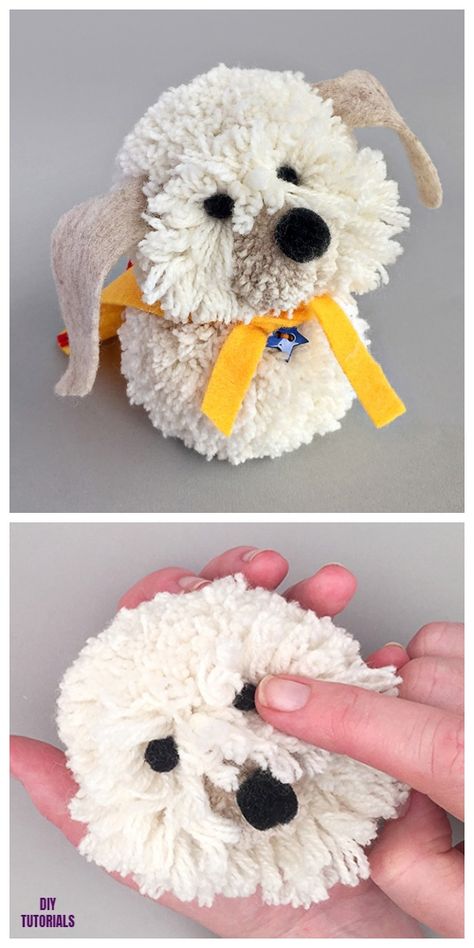 DIY Shaggy Pom Pom Dog Tutorial Pom Pom Toys, Yarn Animals Diy, Yarn Dogs Diy, Pom Pom Critters, Dog Crafts For Kids, Dog Tutorial, Pom Pom Bunnies, Yarn Animals, Pom Pom Animals