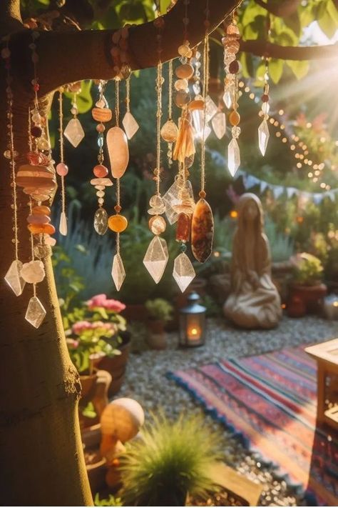 Whimsical Bohemian Style, Boho Yoga Room Meditation Space, Whimsical Porch Ideas, Magical Patio Ideas, Zen Patio Ideas Meditation Space, Oasis Garden Ideas, Zen Garden Room, Outdoor Yoga Space Backyards, Vibey House