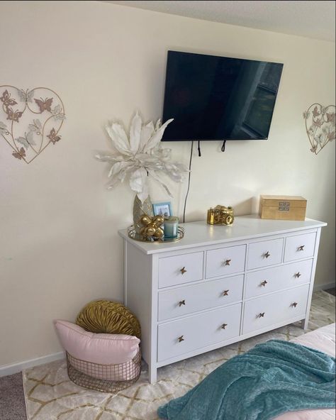 Tv On Top Of Dresser, Tv Over Dresser In Bedroom, Dresser Under Tv, Under Tv Ideas, Under Tv Decor, Dresser Decor Bedroom, Crystal Room Decor, Crystal Room, Kids Playroom Decor