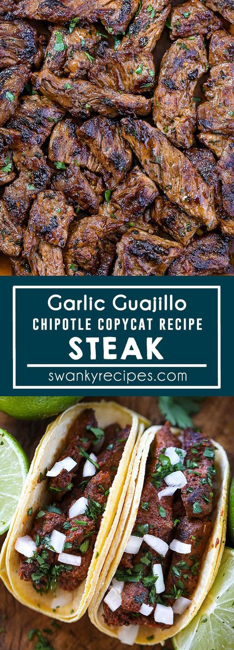 Chipotle Garlic Guajillo Steak - A quick and easy garlic guajillo steak recipe made with traditional Mexican ingredients. A Chipotle copycat recipe made in just 20 minutes. chipotle recipe I guajillo steak I mexican recipes I mexican food I tacos Round Steak Mexican Recipes, Mexican Steak Bites, Chipotle Steak Recipe Copycat, Steak Chalupa Recipe, Mexican Sirloin Steak Recipes, Mexican Ribeye Steak Recipes, Cube Steak Tacos Recipe, Beef Bottom Round Steak Recipes Mexican, Chipotle Steak Copycat Recipes