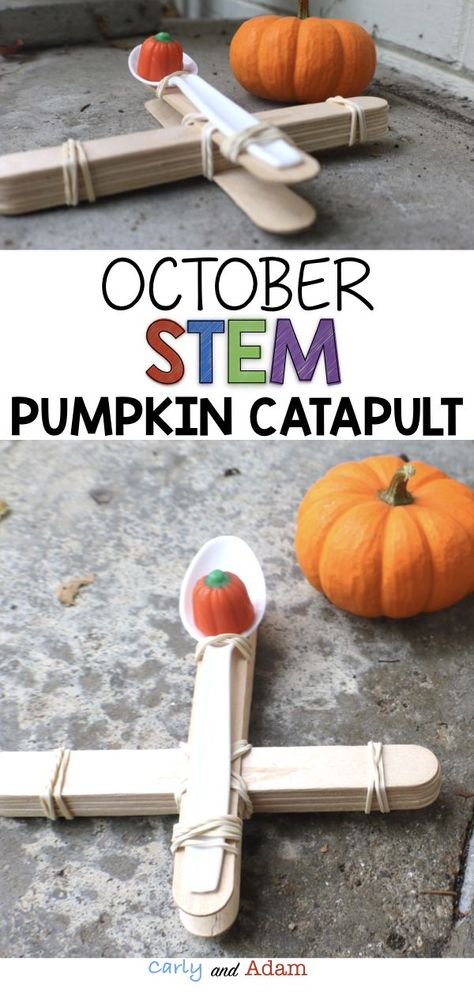 Pumpkin Catapult STEM: Make learning fun with this pumpkin themed STEM activity. For this STEM activity students must design and create a catapult to launch a candy pumpkin. This activity would be perfect to use during Pumpkin Day! It would also be the perfect addition to a halloween party or fall party. #STEM #stemactivity #stemchallenge #fallactivity #halloweenactivity Balloons Activities, Pumpkin Catapult, Prek Halloween, Fall Stem Activities, Halloween Stem Activities, Stem Boxes, Steam Classroom, Pumpkin Day, Candy Pumpkin